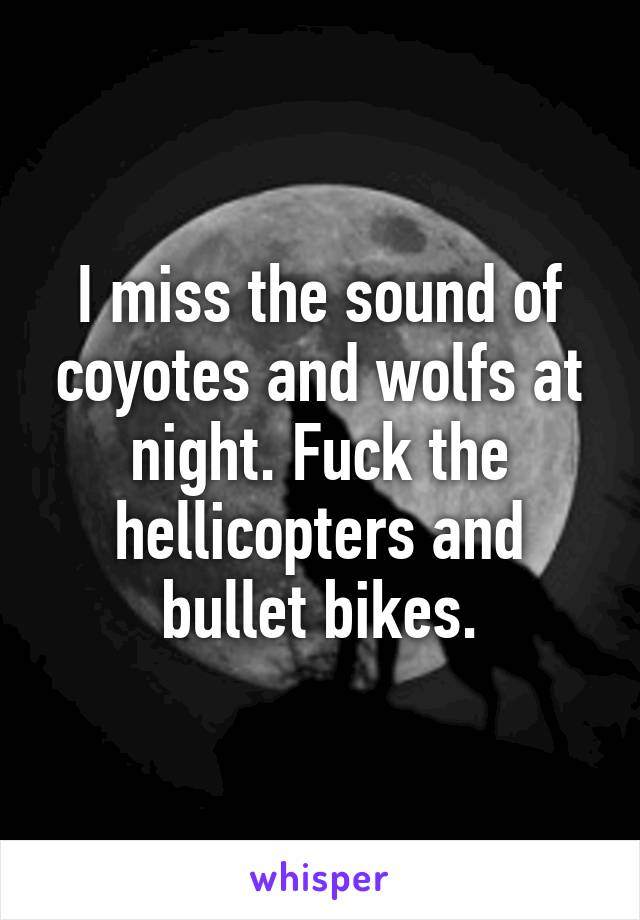 I miss the sound of coyotes and wolfs at night. Fuck the hellicopters and bullet bikes.