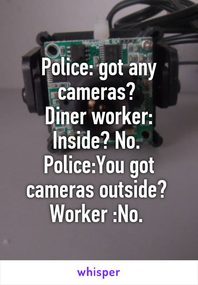 Police: got any cameras? 
Diner worker: Inside? No. 
Police:You got cameras outside? 
Worker :No. 