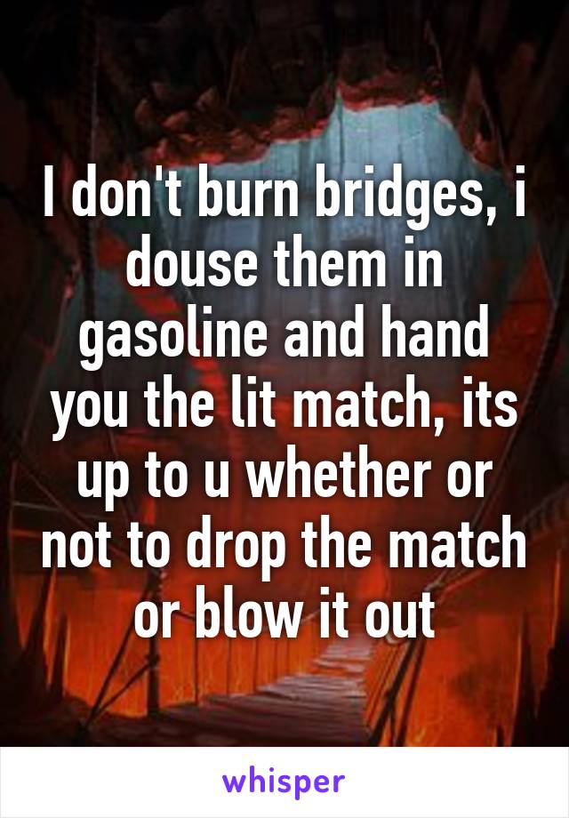 I don't burn bridges, i douse them in gasoline and hand you the lit match, its up to u whether or not to drop the match or blow it out