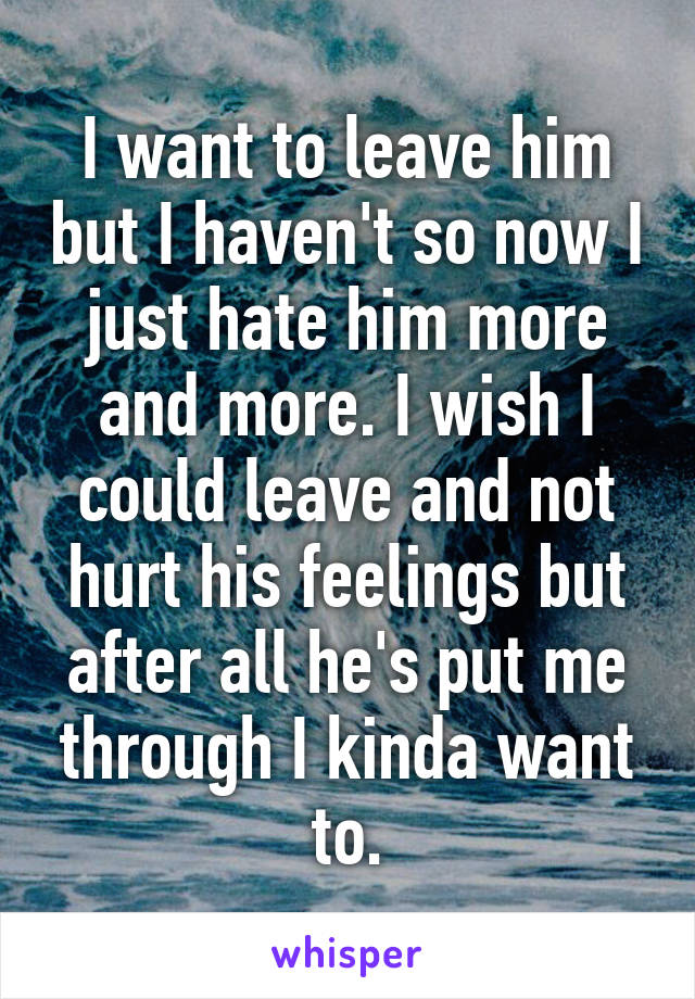I want to leave him but I haven't so now I just hate him more and more. I wish I could leave and not hurt his feelings but after all he's put me through I kinda want to.