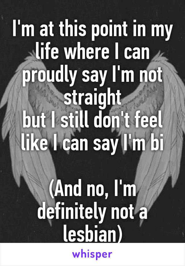 I'm at this point in my life where I can proudly say I'm not straight
but I still don't feel like I can say I'm bi

(And no, I'm definitely not a lesbian)