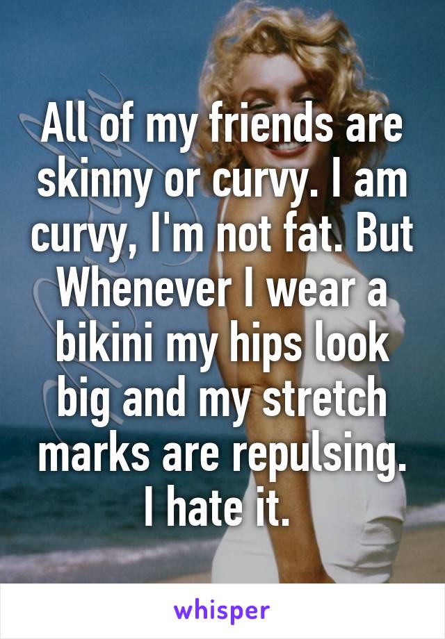 All of my friends are skinny or curvy. I am curvy, I'm not fat. But Whenever I wear a bikini my hips look big and my stretch marks are repulsing. I hate it. 