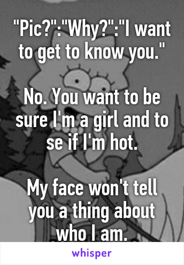 "Pic?":"Why?":"I want to get to know you."

No. You want to be sure I'm a girl and to se if I'm hot.

My face won't tell you a thing about who I am.
