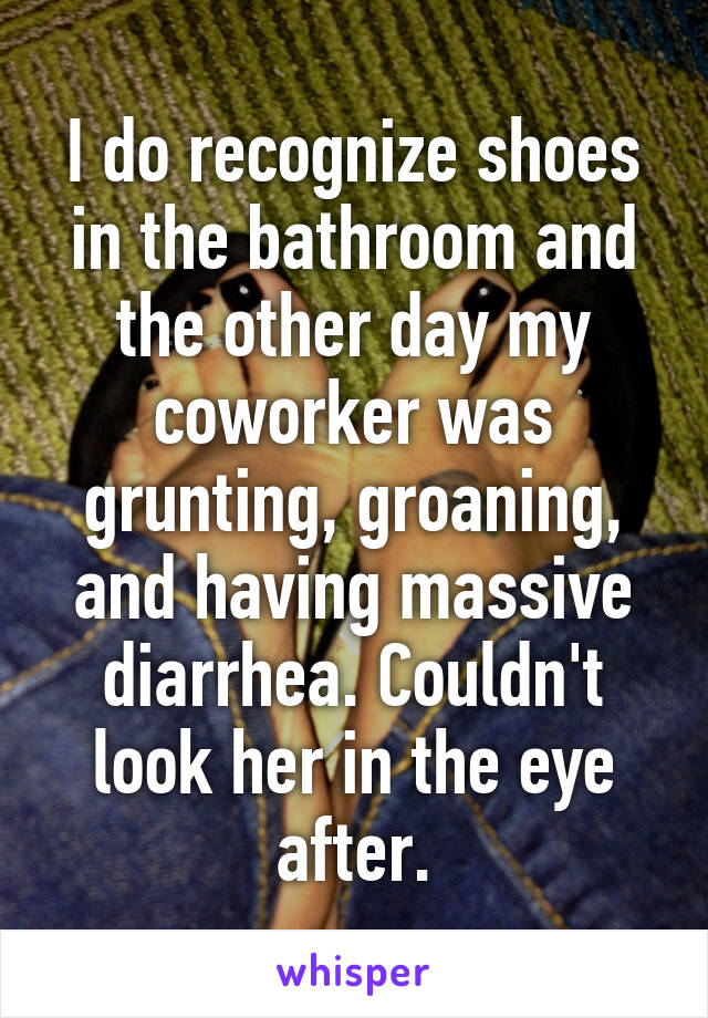 I do recognize shoes in the bathroom and the other day my coworker was grunting, groaning, and having massive diarrhea. Couldn't look her in the eye after.
