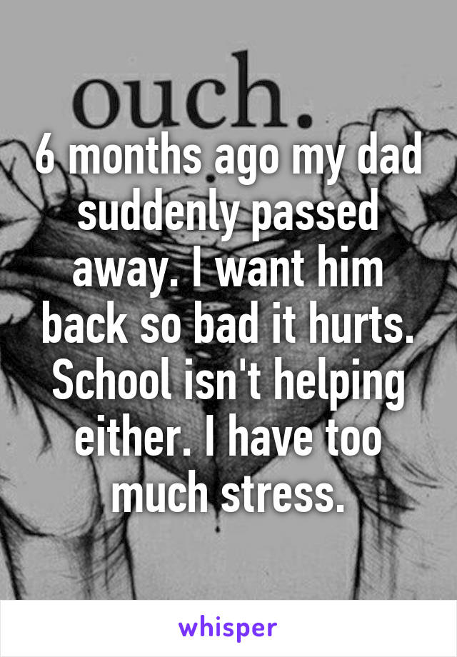 6 months ago my dad suddenly passed away. I want him back so bad it hurts. School isn't helping either. I have too much stress.