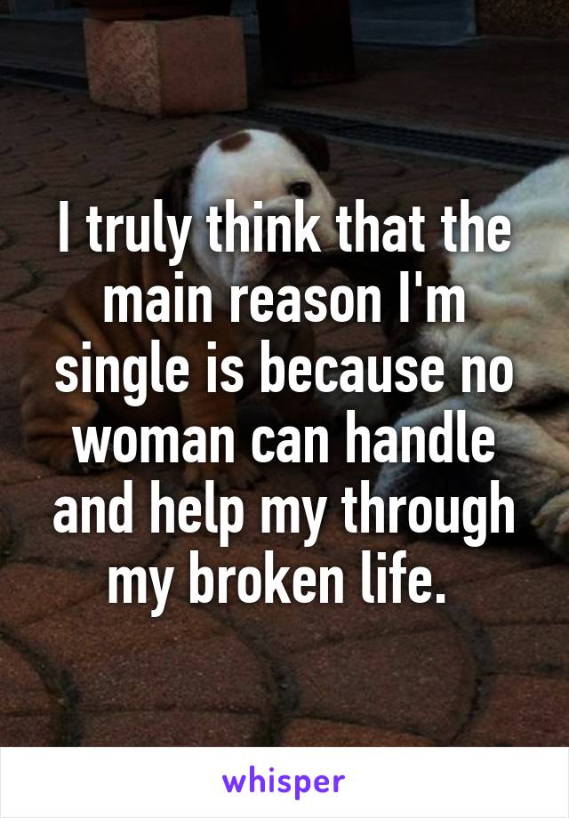 I truly think that the main reason I'm single is because no woman can handle and help my through my broken life. 