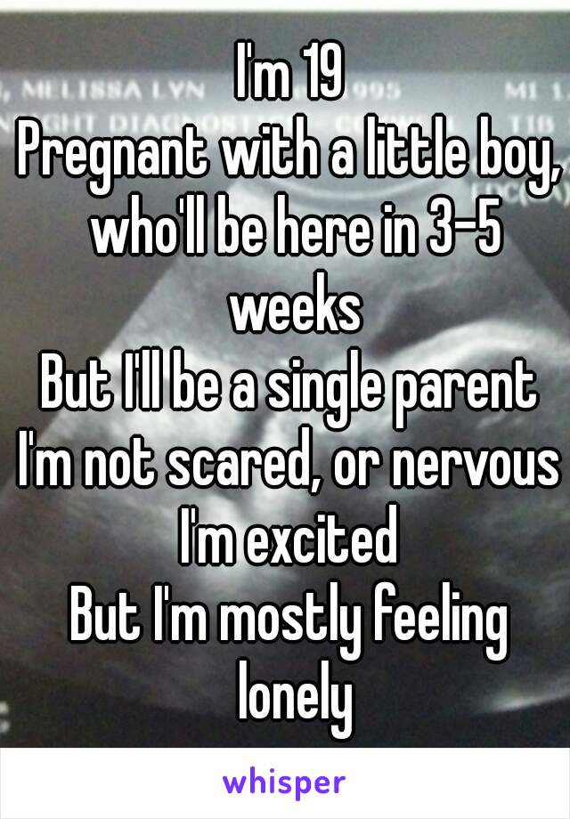 I'm 19
Pregnant with a little boy, who'll be here in 3-5 weeks
But I'll be a single parent
I'm not scared, or nervous
I'm excited
But I'm mostly feeling lonely
