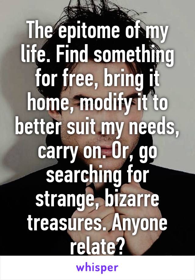 The epitome of my life. Find something for free, bring it home, modify it to better suit my needs, carry on. Or, go searching for strange, bizarre treasures. Anyone relate?