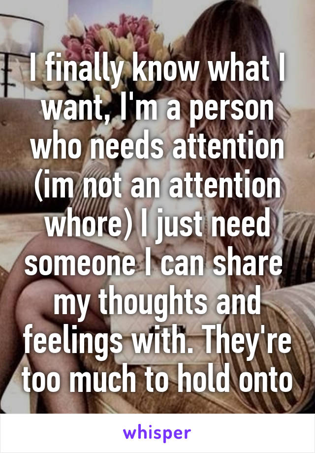 I finally know what I want, I'm a person who needs attention (im not an attention whore) I just need someone I can share  my thoughts and feelings with. They're too much to hold onto