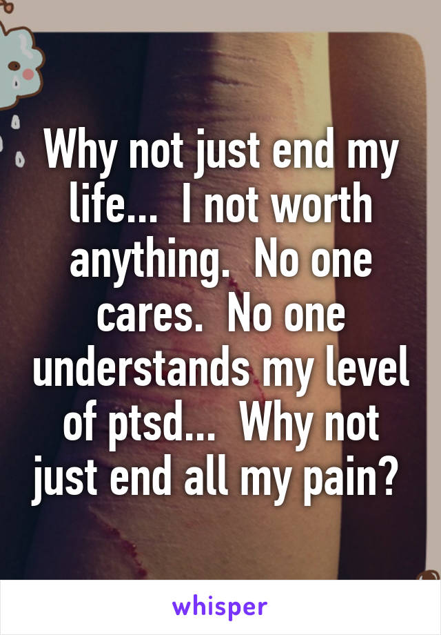 Why not just end my life...  I not worth anything.  No one cares.  No one understands my level of ptsd...  Why not just end all my pain? 