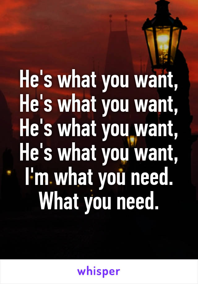 He's what you want,
He's what you want,
He's what you want,
He's what you want,
I'm what you need.
What you need.