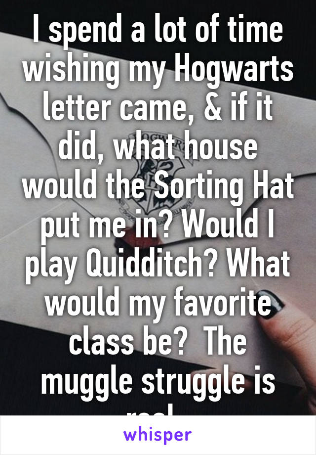 I spend a lot of time wishing my Hogwarts letter came, & if it did, what house would the Sorting Hat put me in? Would I play Quidditch? What would my favorite class be?  The muggle struggle is real. 