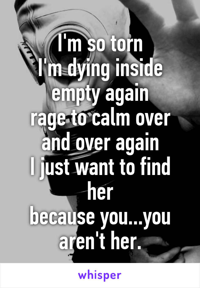 I'm so torn
I'm dying inside
empty again
rage to calm over and over again
I just want to find her
because you...you aren't her.