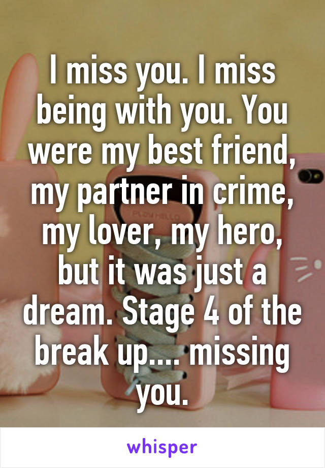 I miss you. I miss being with you. You were my best friend, my partner in crime, my lover, my hero, but it was just a dream. Stage 4 of the break up.... missing you.