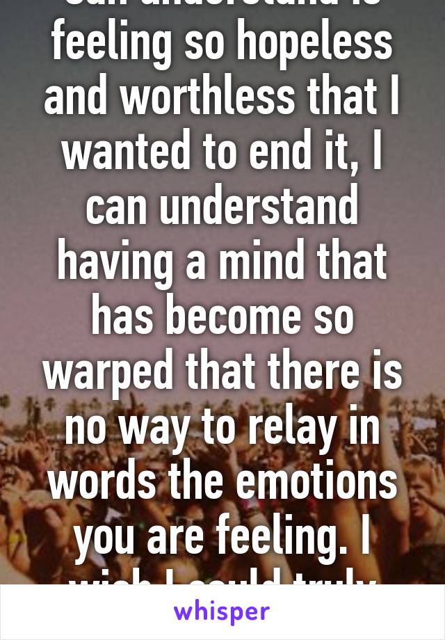 Can understand is feeling so hopeless and worthless that I wanted to end it, I can understand having a mind that has become so warped that there is no way to relay in words the emotions you are feeling. I wish I could truly empathize