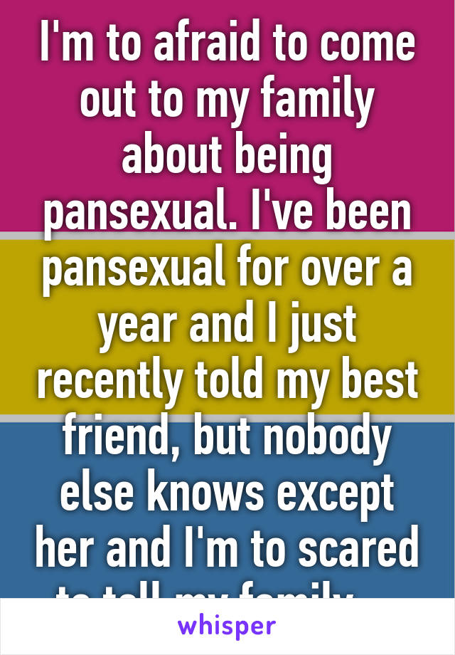 I'm to afraid to come out to my family about being pansexual. I've been pansexual for over a year and I just recently told my best friend, but nobody else knows except her and I'm to scared to tell my family....