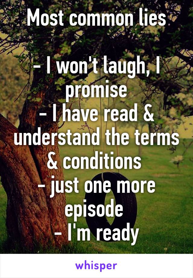 Most common lies

- I won't laugh, I promise
- I have read & understand the terms & conditions 
- just one more episode 
- I'm ready
