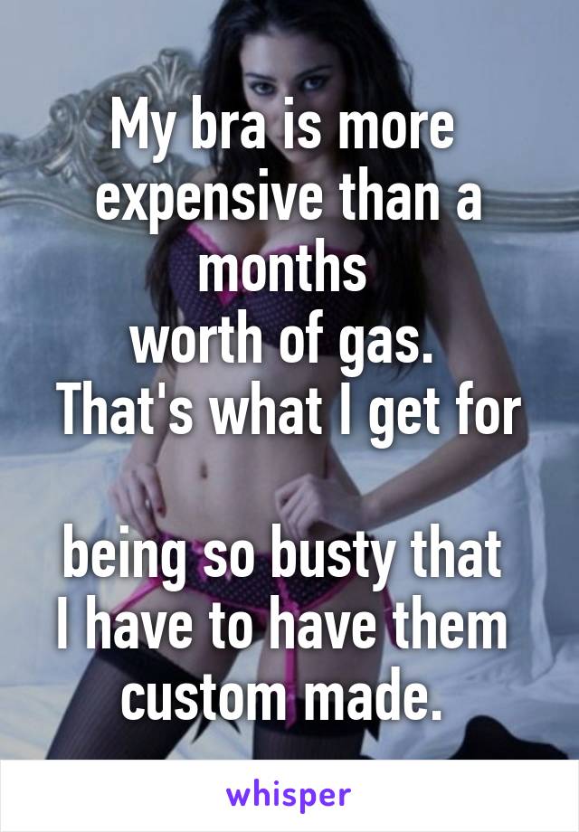 My bra is more 
expensive than a months 
worth of gas. 
That's what I get for 
being so busty that 
I have to have them 
custom made. 