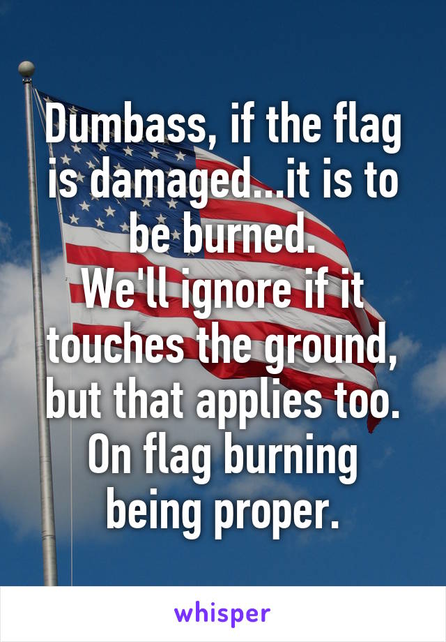 Dumbass, if the flag is damaged...it is to be burned.
We'll ignore if it touches the ground, but that applies too.
On flag burning being proper.