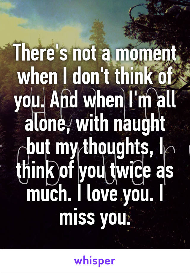 There's not a moment when I don't think of you. And when I'm all alone, with naught but my thoughts, I think of you twice as much. I love you. I miss you.