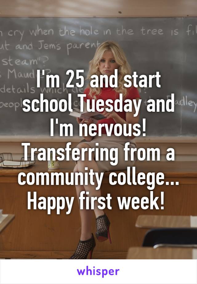 I'm 25 and start school Tuesday and I'm nervous! Transferring from a community college... Happy first week! 