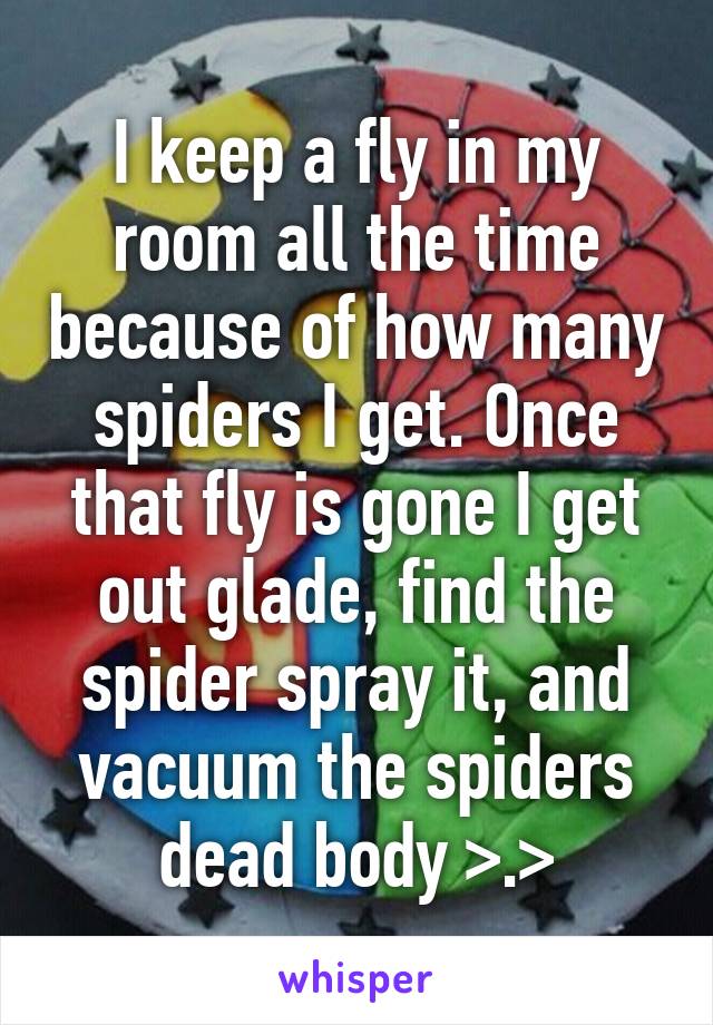 I keep a fly in my room all the time because of how many spiders I get. Once that fly is gone I get out glade, find the spider spray it, and vacuum the spiders dead body >.>