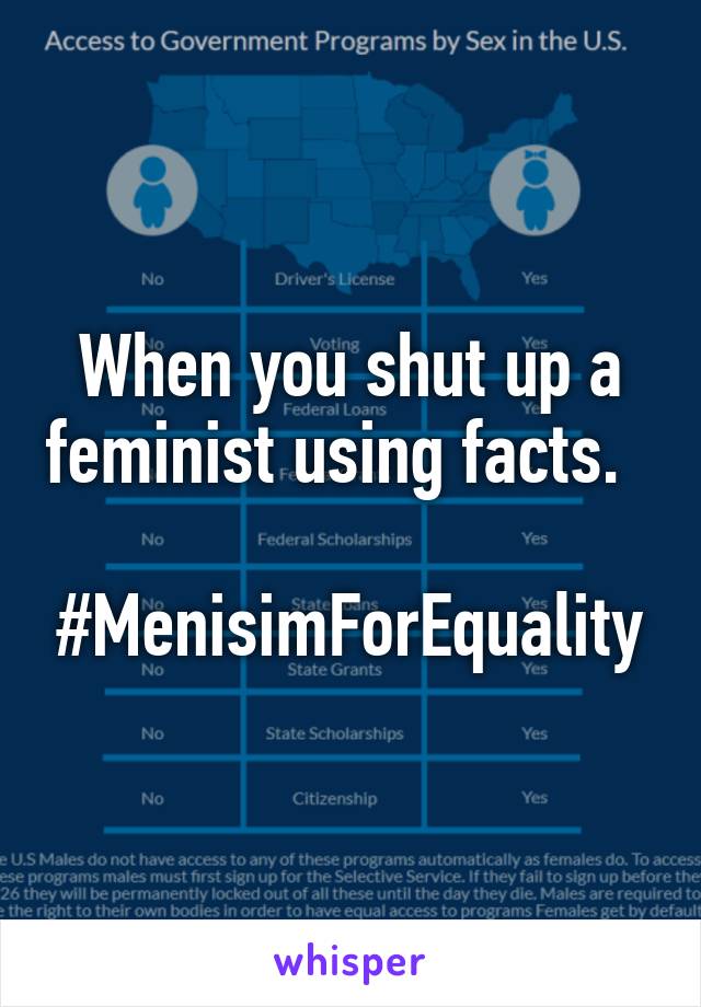 When you shut up a feminist using facts.  

#MenisimForEquality