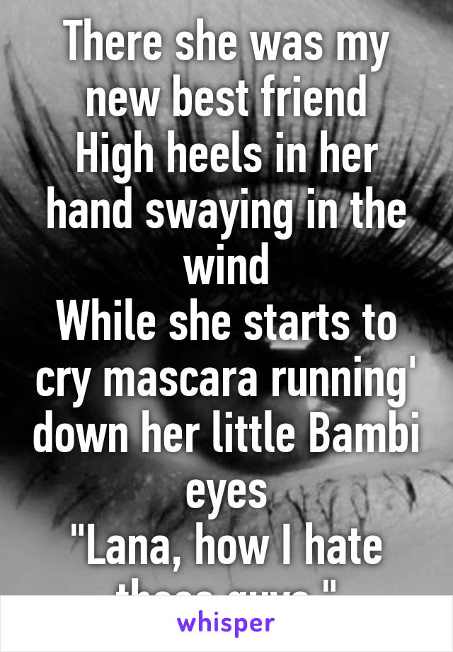 There she was my new best friend
High heels in her hand swaying in the wind
While she starts to cry mascara running' down her little Bambi eyes
"Lana, how I hate those guys."