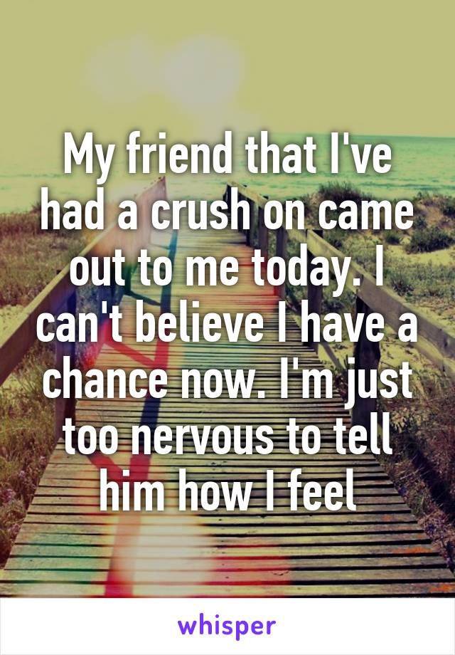 My friend that I've had a crush on came out to me today. I can't believe I have a chance now. I'm just too nervous to tell him how I feel