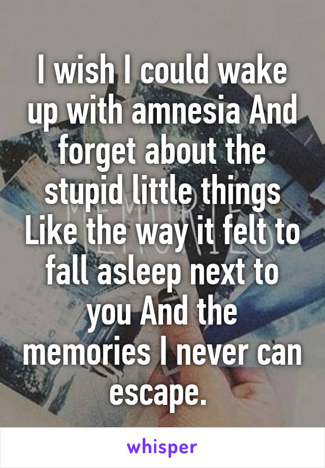 I wish I could wake up with amnesia And forget about the stupid little things Like the way it felt to fall asleep next to you And the memories I never can escape. 