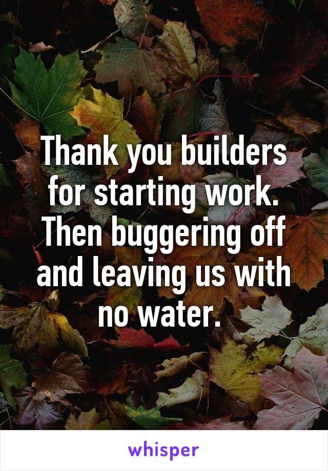 Thank you builders for starting work. Then buggering off and leaving us with no water. 