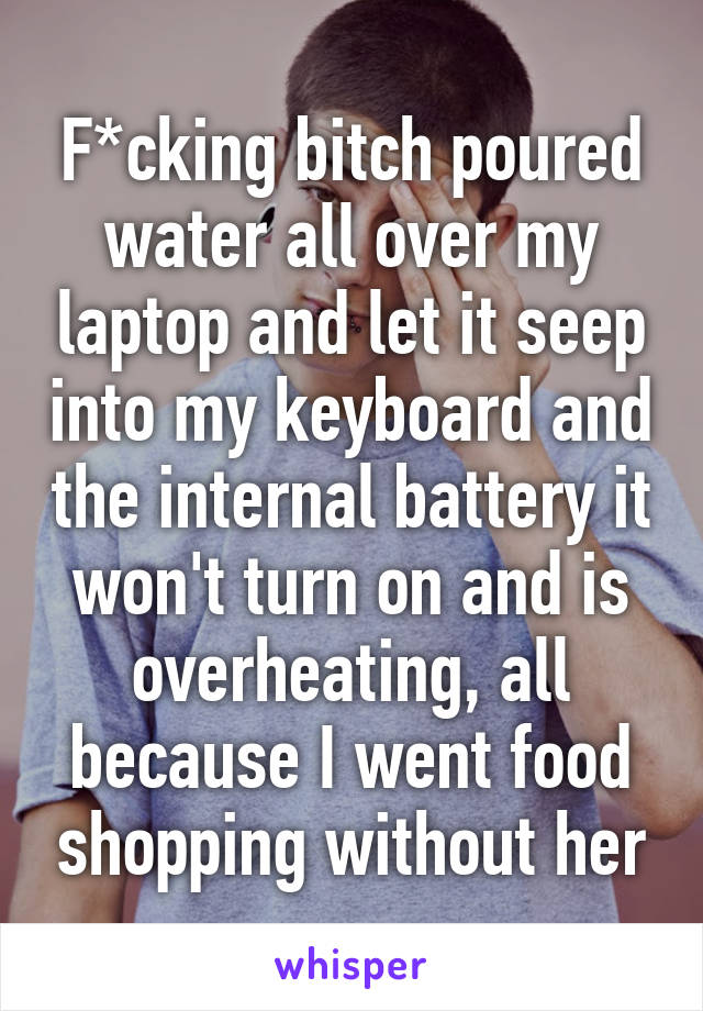 F*cking bitch poured water all over my laptop and let it seep into my keyboard and the internal battery it won't turn on and is overheating, all because I went food shopping without her