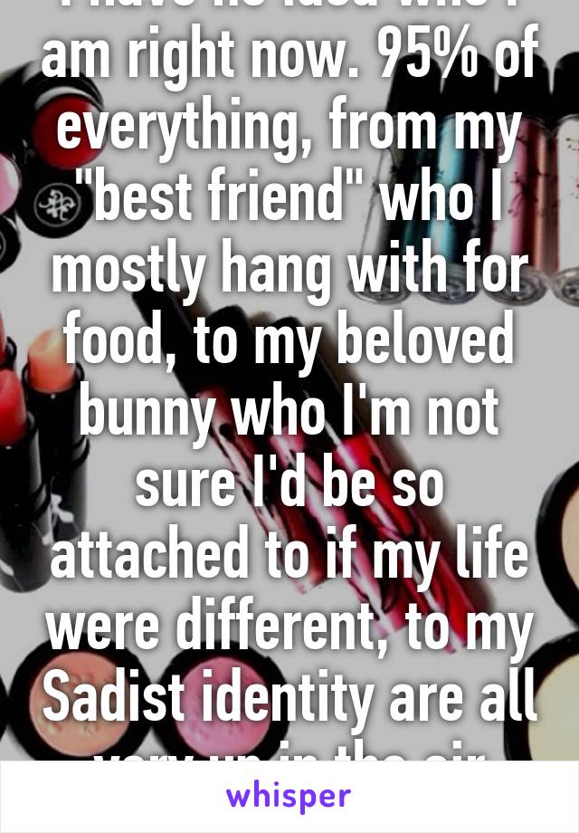 I have no idea who I am right now. 95% of everything, from my "best friend" who I mostly hang with for food, to my beloved bunny who I'm not sure I'd be so attached to if my life were different, to my Sadist identity are all very up in the air right now.