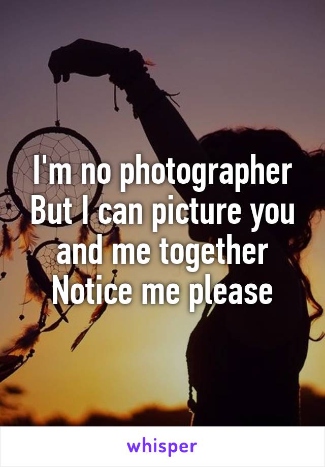 I'm no photographer
But I can picture you and me together
Notice me please