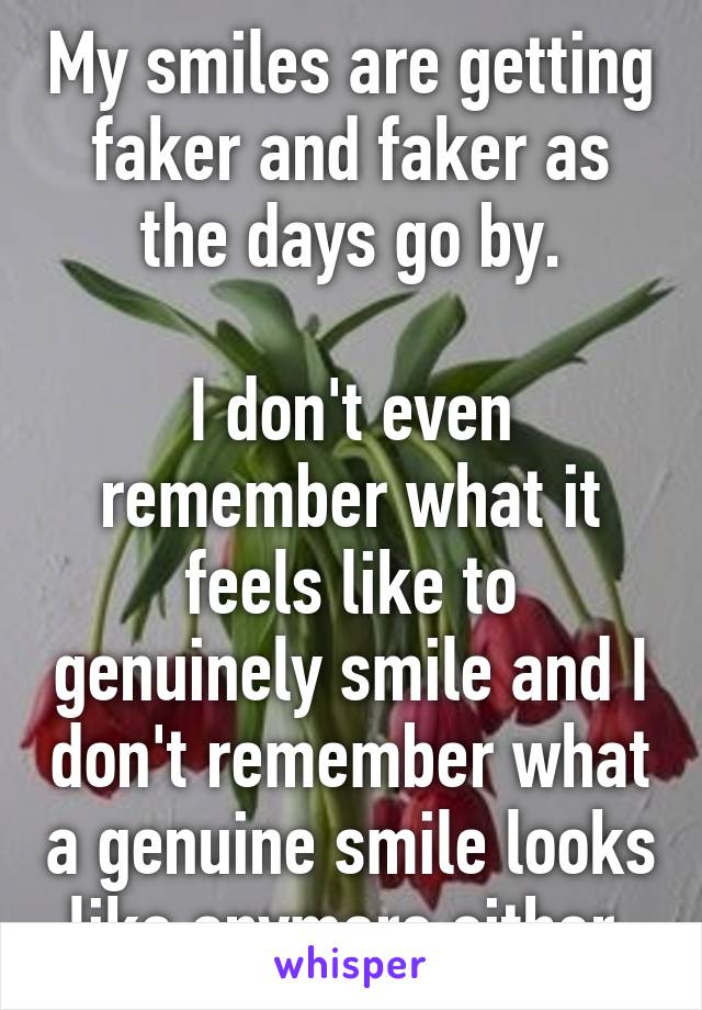 My smiles are getting faker and faker as the days go by.

I don't even remember what it feels like to genuinely smile and I don't remember what a genuine smile looks like anymore either.