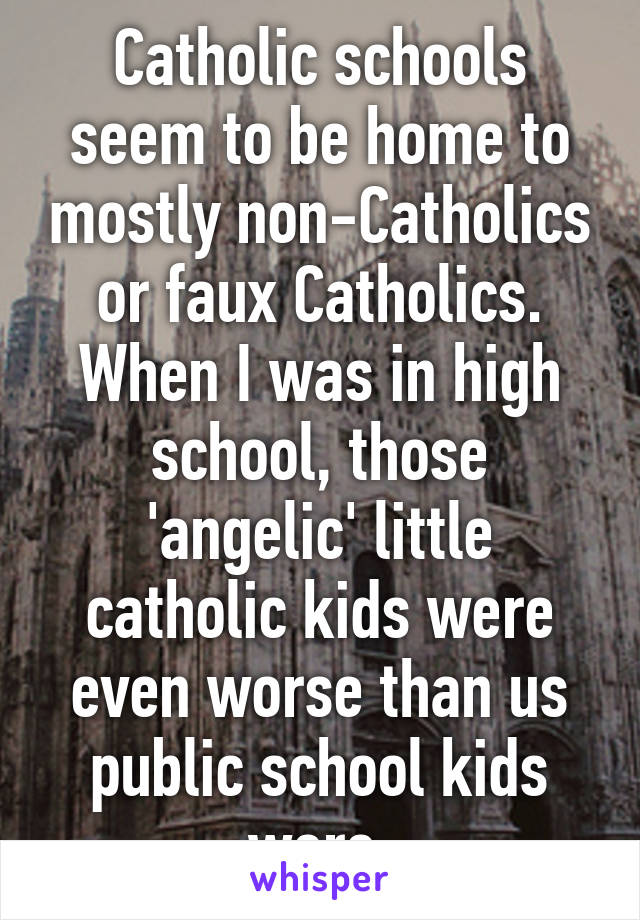 Catholic schools seem to be home to mostly non-Catholics or faux Catholics. When I was in high school, those 'angelic' little catholic kids were even worse than us public school kids were.