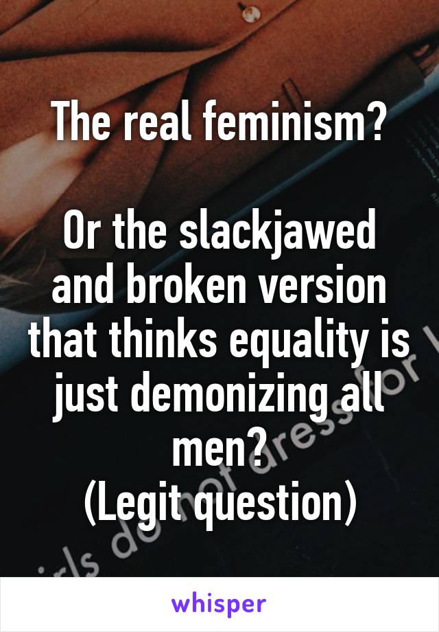 The real feminism?

Or the slackjawed and broken version that thinks equality is just demonizing all men?
(Legit question)