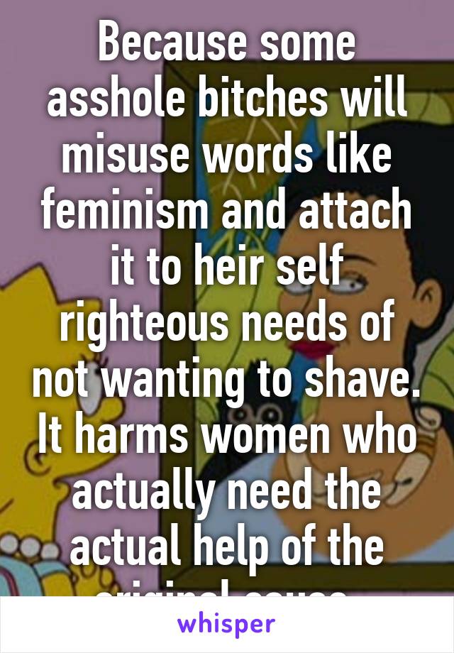 Because some asshole bitches will misuse words like feminism and attach it to heir self righteous needs of not wanting to shave. It harms women who actually need the actual help of the original cause.