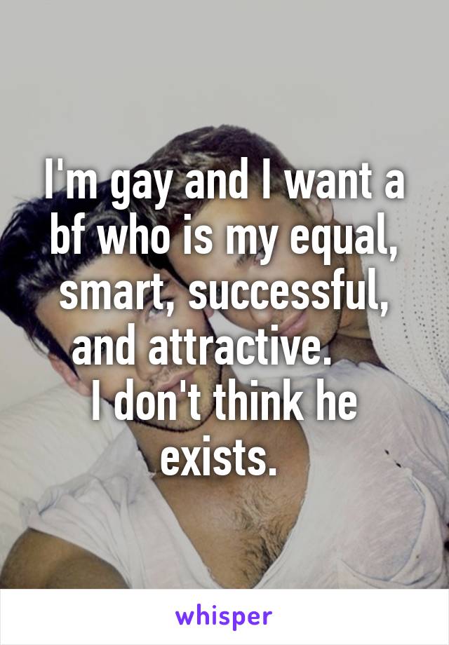 I'm gay and I want a bf who is my equal, smart, successful, and attractive.    
I don't think he exists. 