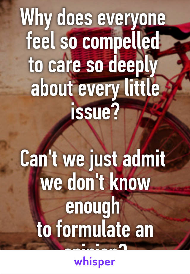 Why does everyone 
feel so compelled 
to care so deeply 
about every little issue?

Can't we just admit 
we don't know enough 
to formulate an opinion?