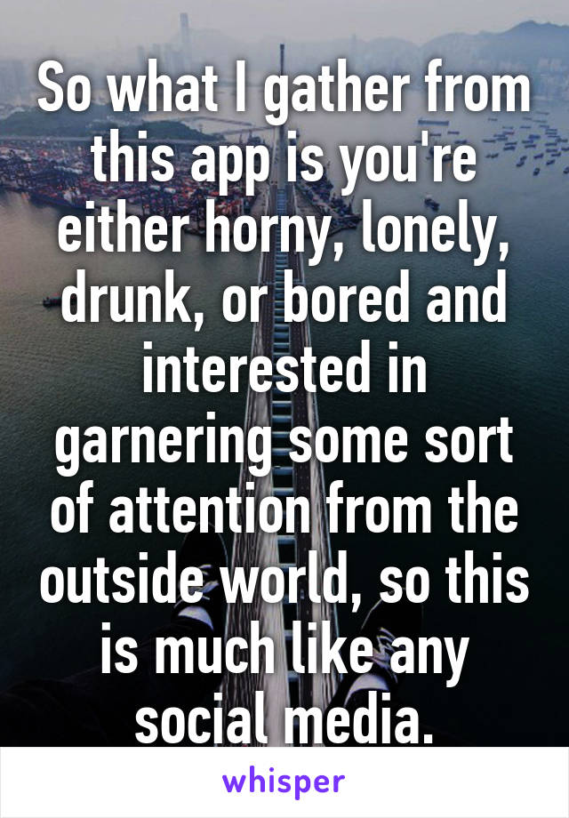 So what I gather from this app is you're either horny, lonely, drunk, or bored and interested in garnering some sort of attention from the outside world, so this is much like any social media.