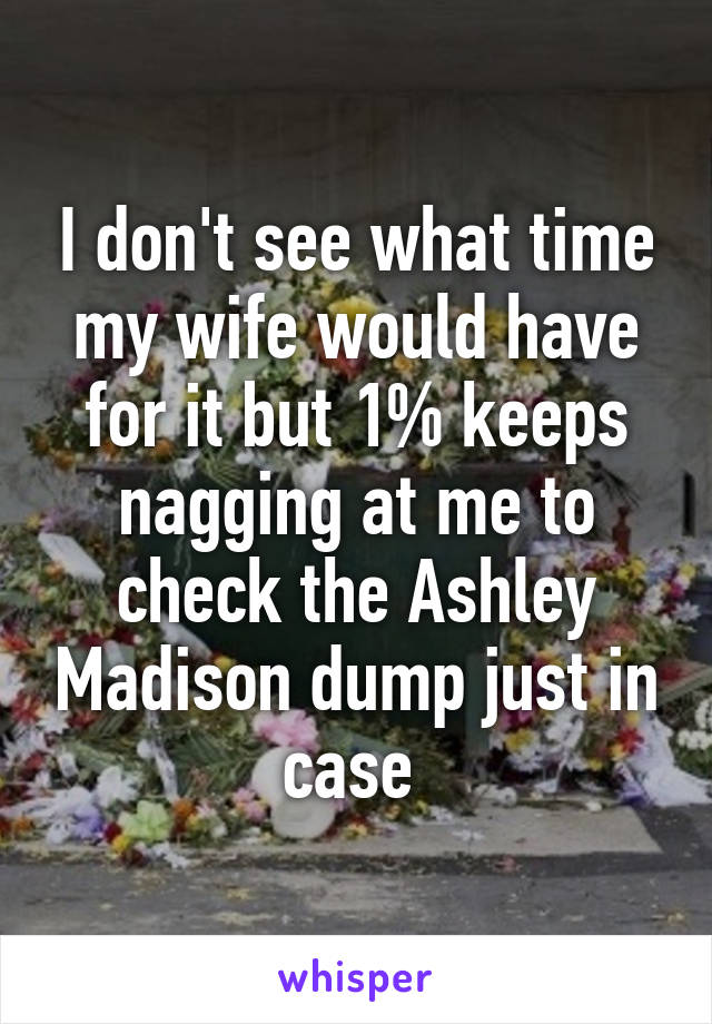 I don't see what time my wife would have for it but 1% keeps nagging at me to check the Ashley Madison dump just in case 