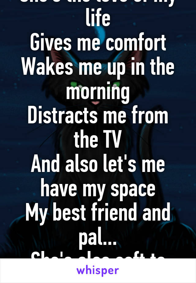 She's the love of my life
Gives me comfort
Wakes me up in the morning
Distracts me from the TV
And also let's me have my space
My best friend and pal...
She's also soft to pat.