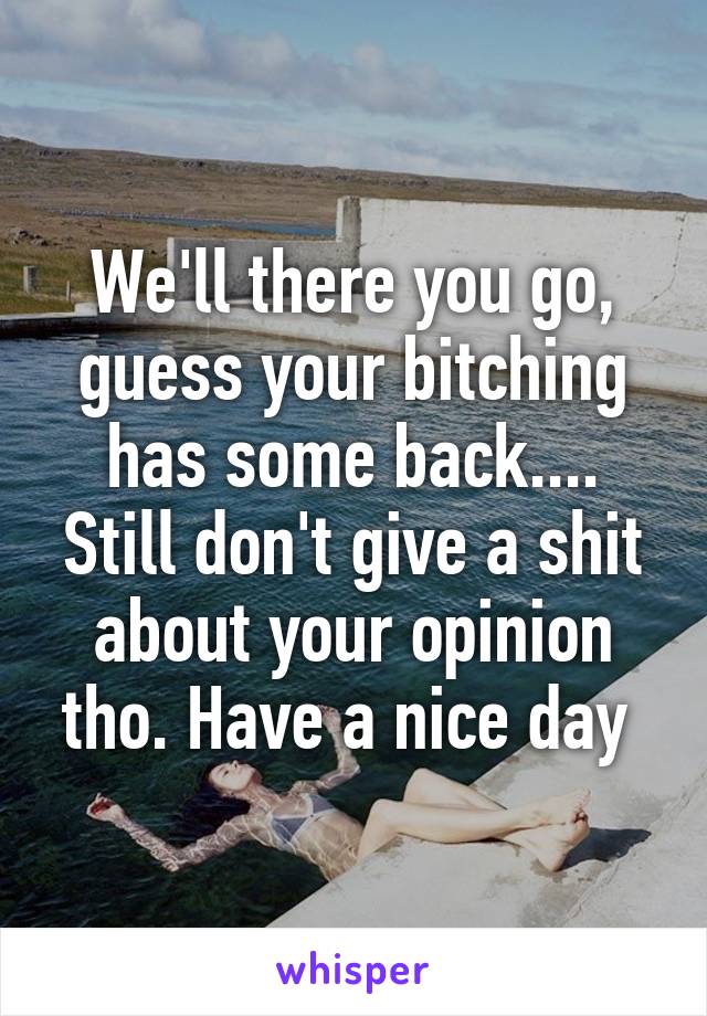 We'll there you go, guess your bitching has some back.... Still don't give a shit about your opinion tho. Have a nice day 