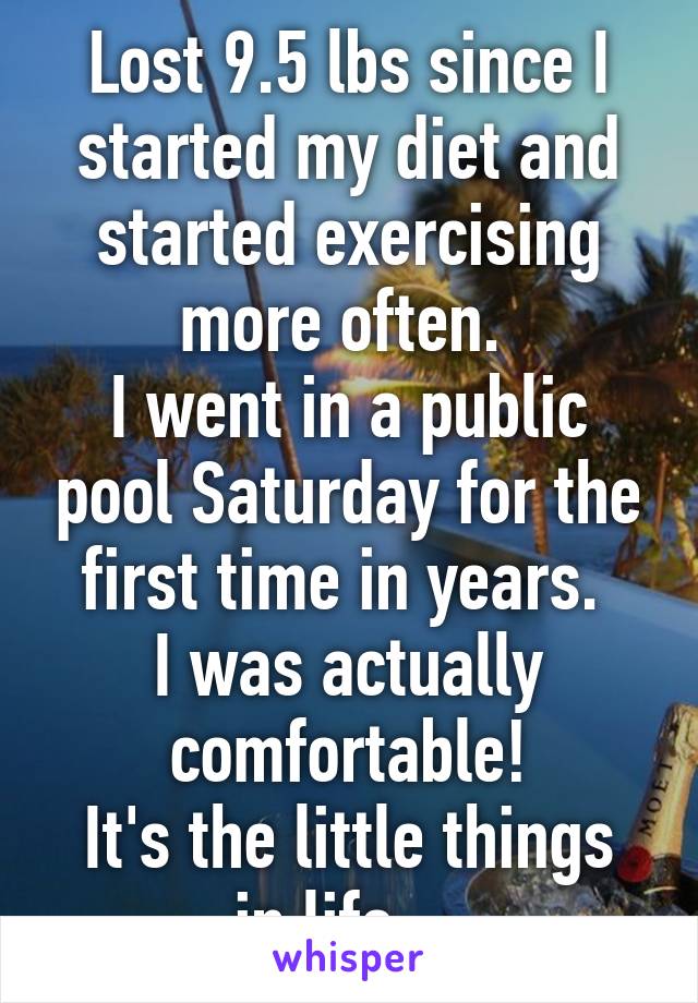 Lost 9.5 lbs since I started my diet and started exercising more often. 
I went in a public pool Saturday for the first time in years. 
I was actually comfortable!
It's the little things in life....