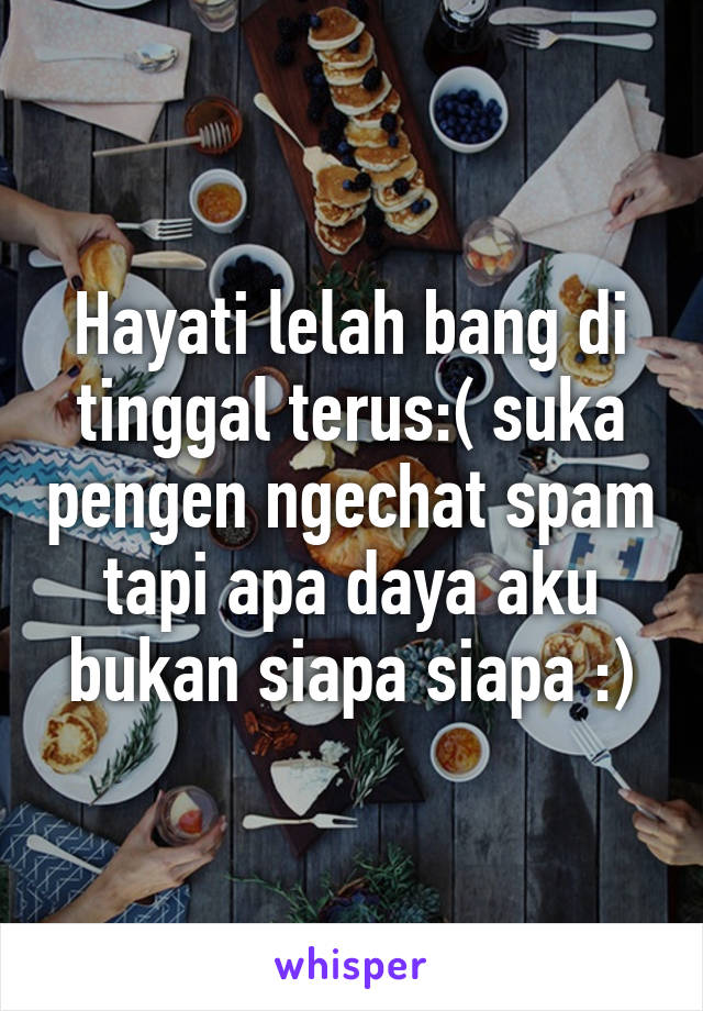 Hayati lelah bang di tinggal terus:( suka pengen ngechat spam tapi apa daya aku bukan siapa siapa :)