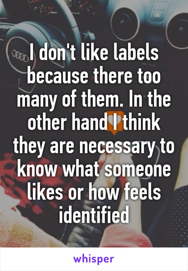 I don't like labels because there too many of them. In the other hand I think they are necessary to know what someone likes or how feels identified