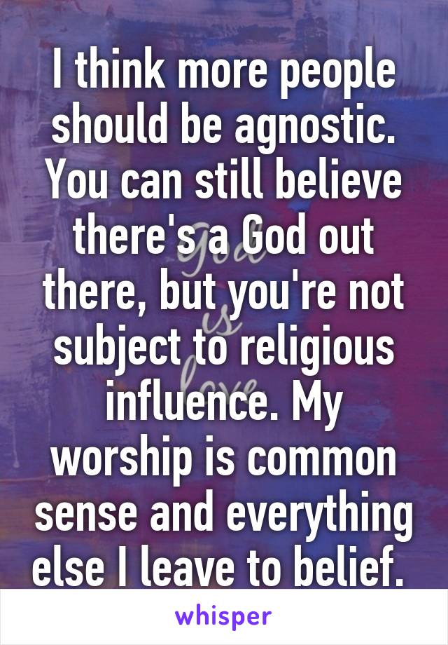 I think more people should be agnostic. You can still believe there's a God out there, but you're not subject to religious influence. My worship is common sense and everything else I leave to belief. 