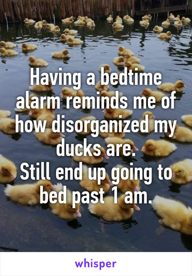 Having a bedtime alarm reminds me of how disorganized my ducks are.
Still end up going to bed past 1 am.