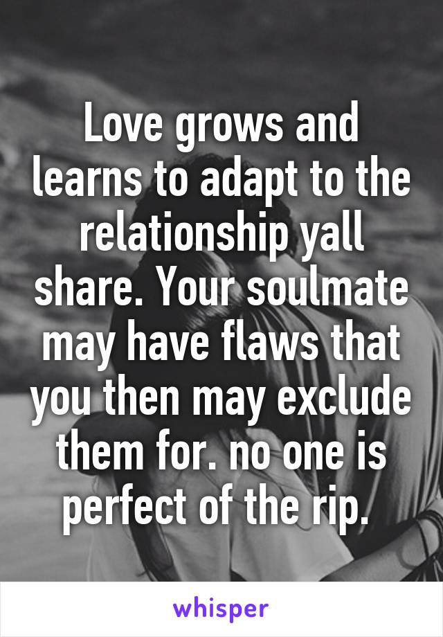 Love grows and learns to adapt to the relationship yall share. Your soulmate may have flaws that you then may exclude them for. no one is perfect of the rip. 